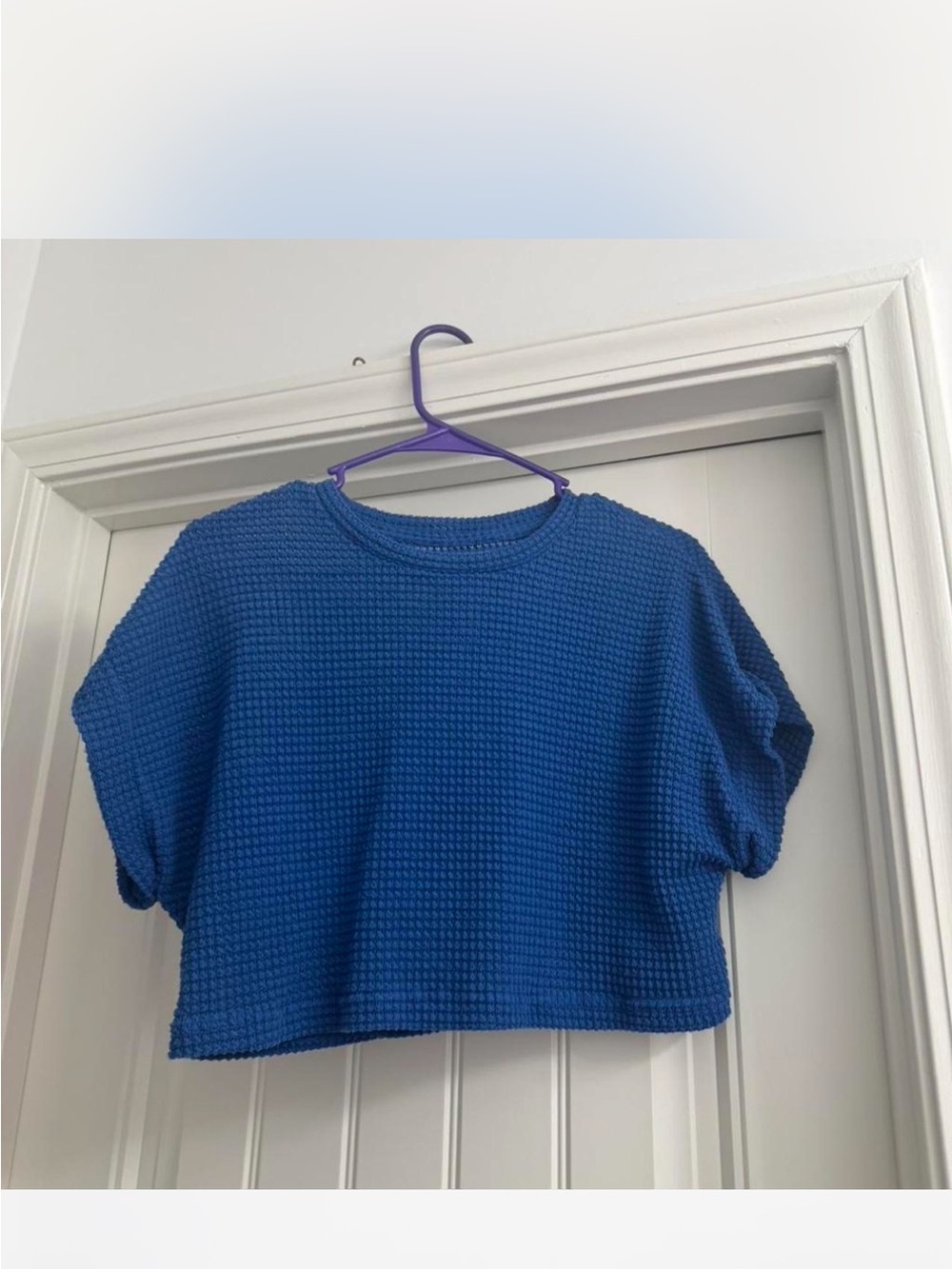 Cropped Waffle Knit Boxy Top - Royal Blue
